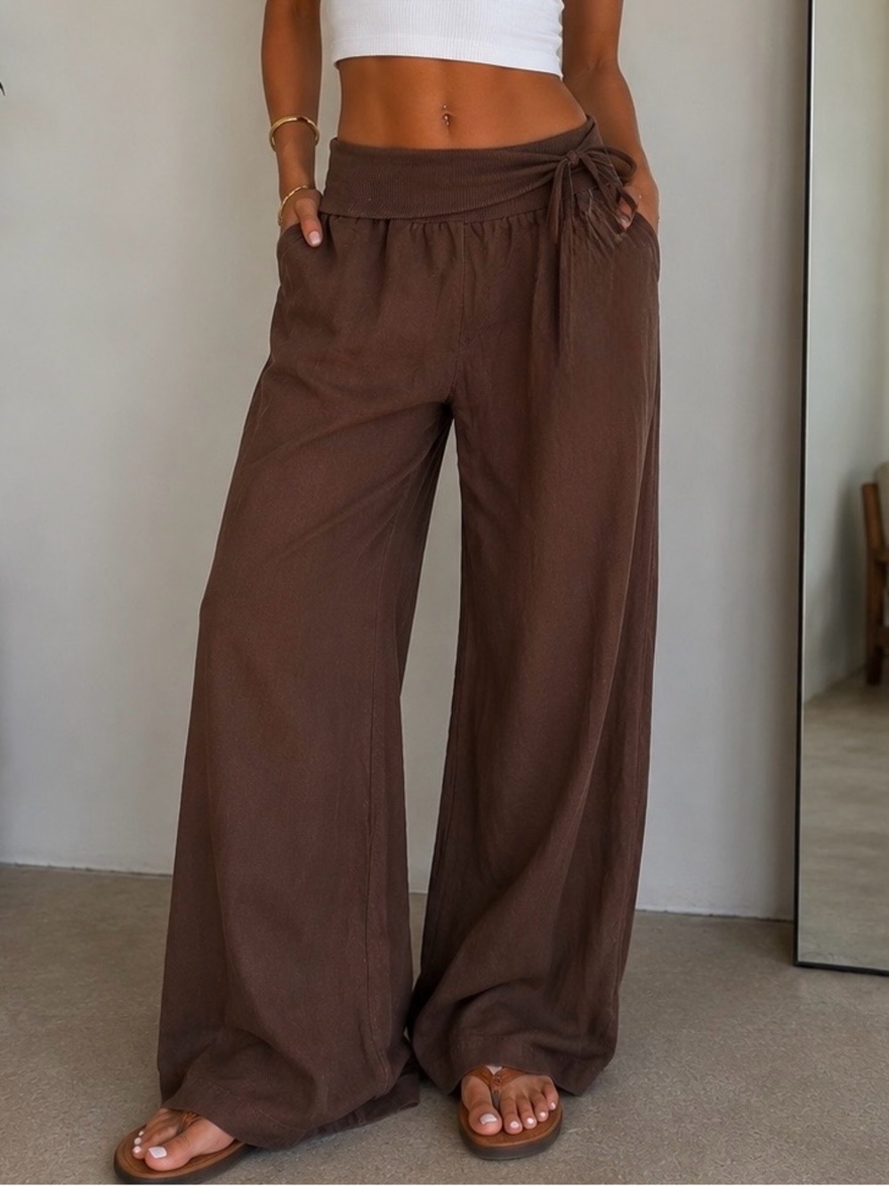 Vintage Y2K Forever 21 Brown Linen Blend Wide Leg Lounge Pants NWT Large